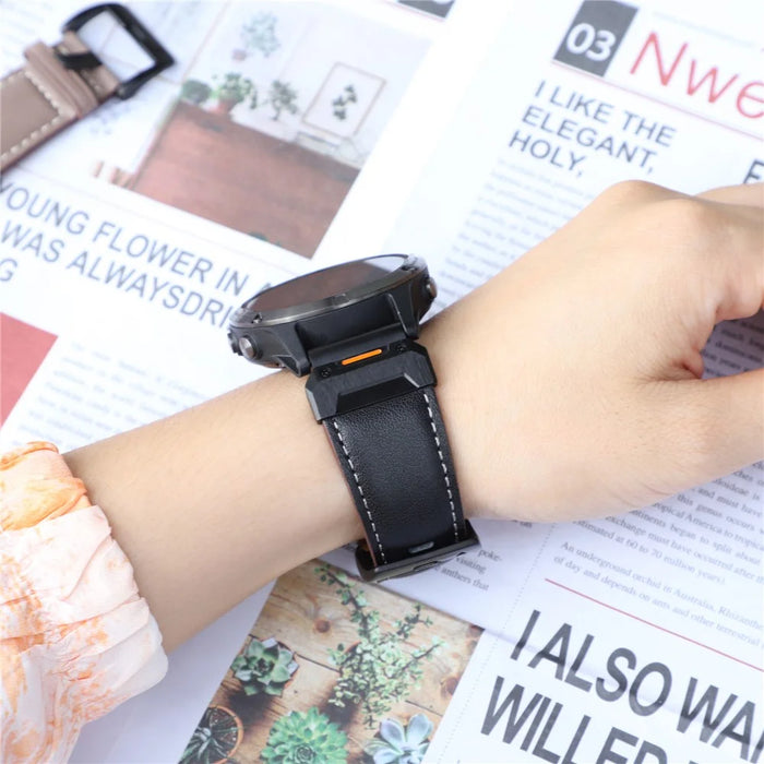 For Garmin Fenix 3 / 5 / 5X / 6X / 7X 22mm Universal Smart Watch Genuine Cow Leather Band Replacement Strap - Black+Nappa Texture - 7