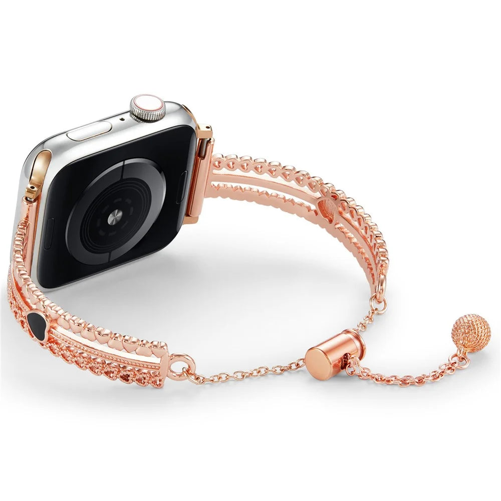 For Apple Watch Series 11 10 42mm / 9 8 7 41mm / SE3 SE2 SE 6 5 4 40mm / 3 2 1 38mm Copper Bracelet Zircon Love Heart Watch Strap - Rose Gold - 2