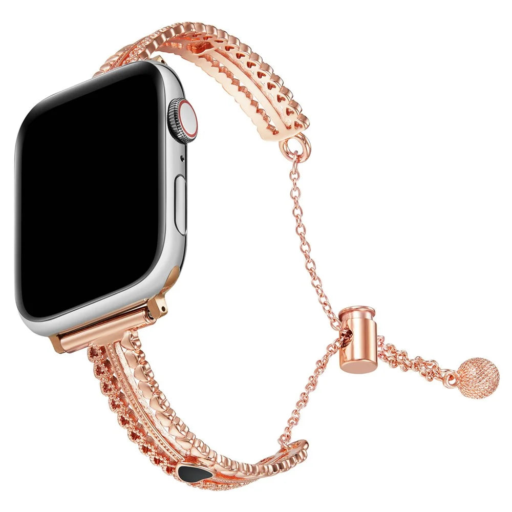 For Apple Watch Series 11 10 42mm / 9 8 7 41mm / SE3 SE2 SE 6 5 4 40mm / 3 2 1 38mm Copper Bracelet Zircon Love Heart Watch Strap - Rose Gold - 3