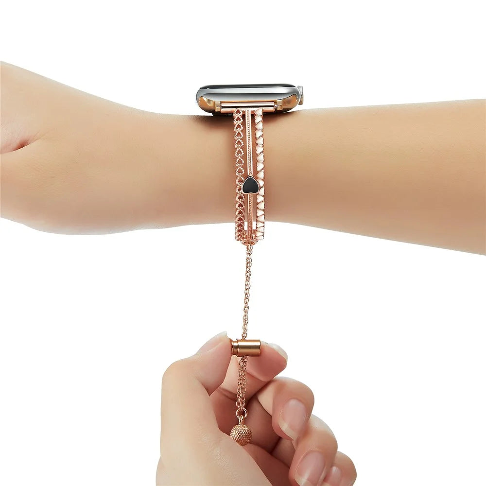 For Apple Watch Series 11 10 42mm / 9 8 7 41mm / SE3 SE2 SE 6 5 4 40mm / 3 2 1 38mm Copper Bracelet Zircon Love Heart Watch Strap - Rose Gold - 4