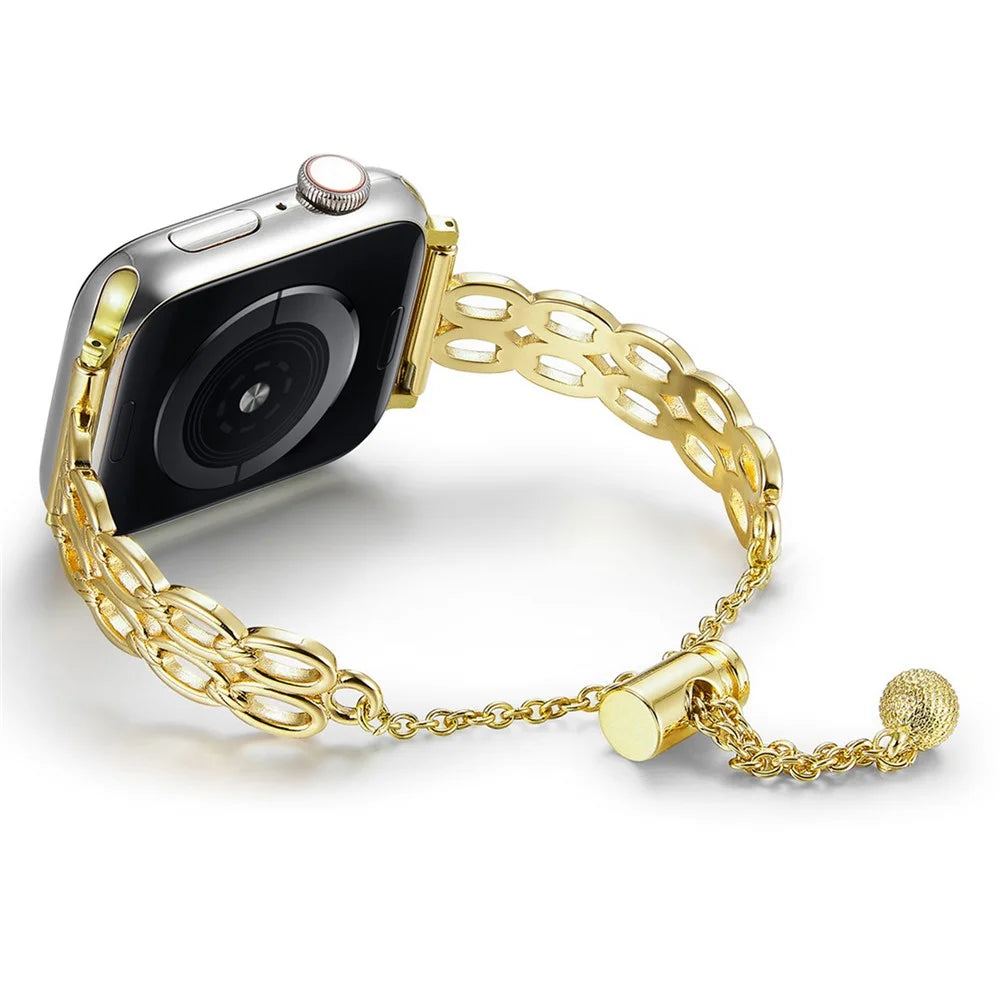 For Apple Watch Series 11 10 42mm / 9 8 7 41mm / SE3 SE2 SE 6 5 4 40mm / 3 2 1 38mm Copper Band Oval Rings Design Watch Strap - Gold - 2