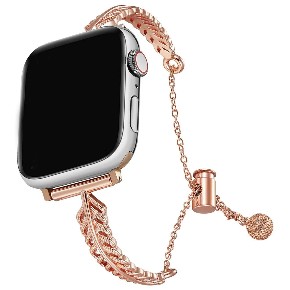 For Apple Watch Series 11 10 42mm / 9 8 7 41mm / SE3 SE2 SE 6 5 4 40mm / 3 2 1 38mm Feather Design Wrist Band Copper Watch Strap - Rose Gold - 3