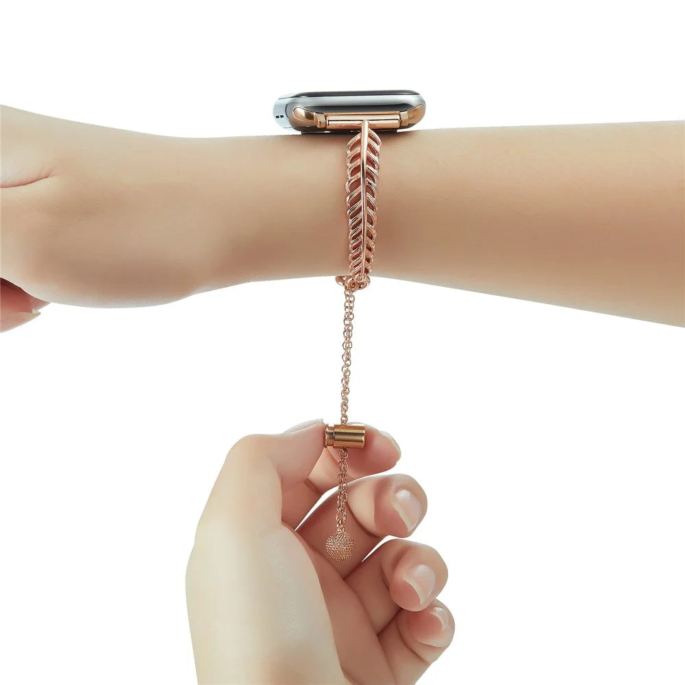 For Apple Watch Series 11 10 42mm / 9 8 7 41mm / SE3 SE2 SE 6 5 4 40mm / 3 2 1 38mm Feather Design Wrist Band Copper Watch Strap - Rose Gold - 4