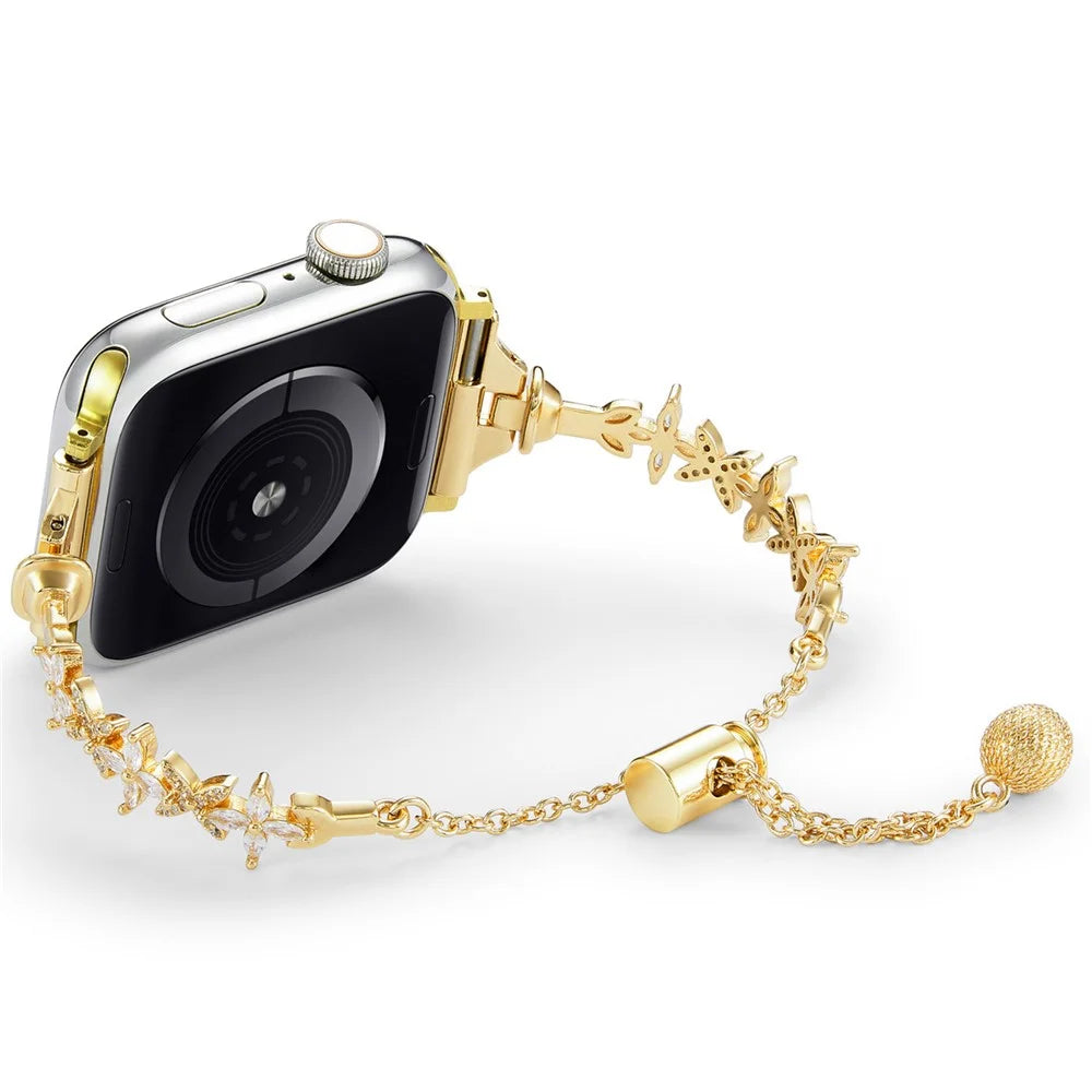 For Apple Watch Ultra 3 2 1 49mm / Series 11 10 46mm / 9 8 7 45mm / SE3 SE2 SE 6 5 4 44mm / 3 2 1 42mm Four-Leaf Clover Copper Watch Strap - Gold - 3