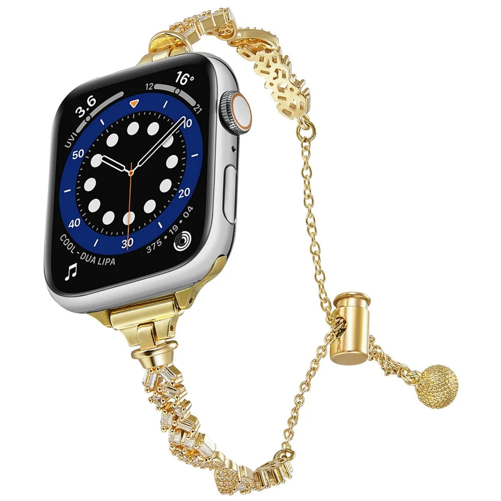 For Apple Watch Series 11 10 42mm / 9 8 7 41mm / SE3 SE2 SE 6 5 4 40mm / 3 2 1 38mm Rhinestone Decor Copper Bracelet Angel Wings Watch Strap - Gold - 2