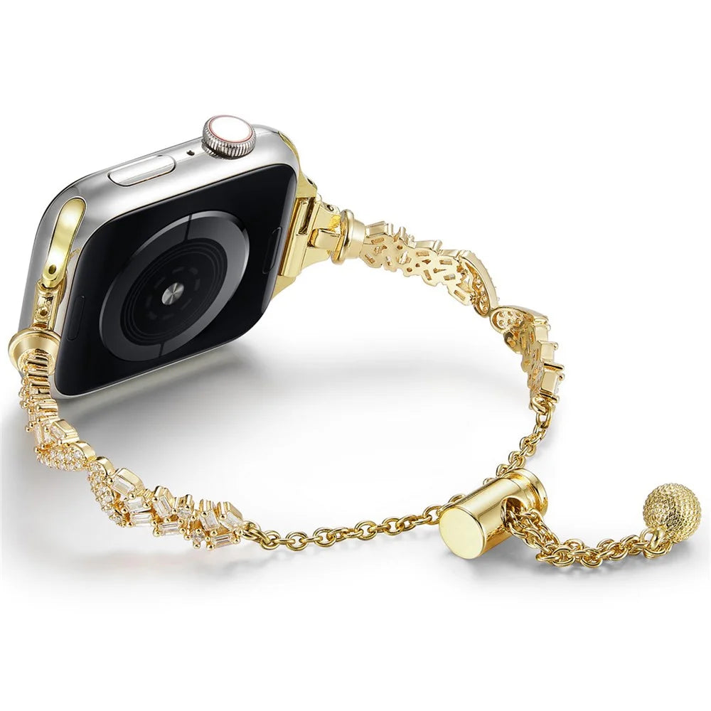 For Apple Watch Series 11 10 42mm / 9 8 7 41mm / SE3 SE2 SE 6 5 4 40mm / 3 2 1 38mm Rhinestone Decor Copper Bracelet Angel Wings Watch Strap - Gold - 3