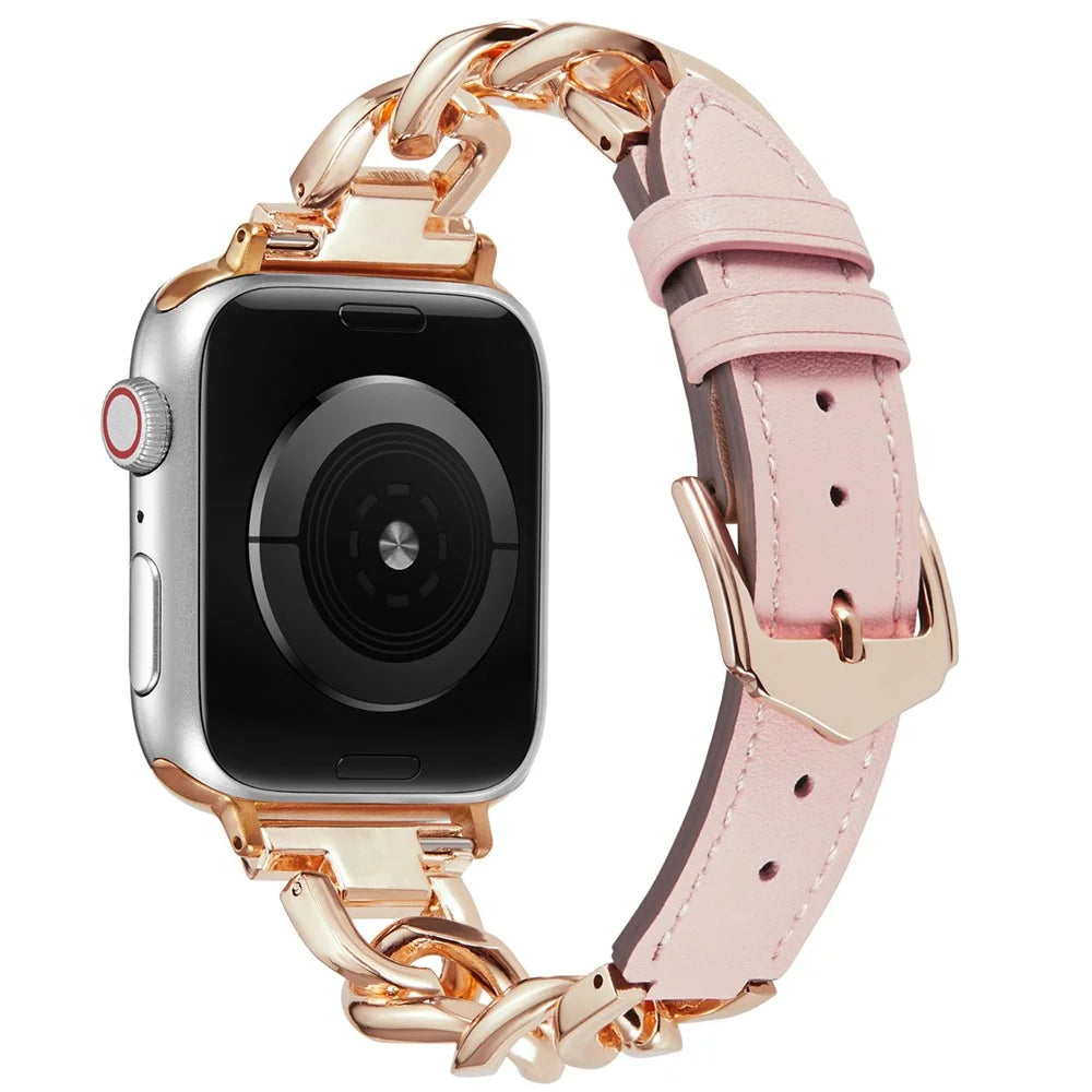 Watch Strap for Apple Watch Series 11 10 42mm / 9 8 7 41mm / SE3 SE2 SE 6 5 4 40mm / 3 2 1 38mm Zinc Alloy+Cowhide Wrist Band - Pink+Rose Gold - 1
