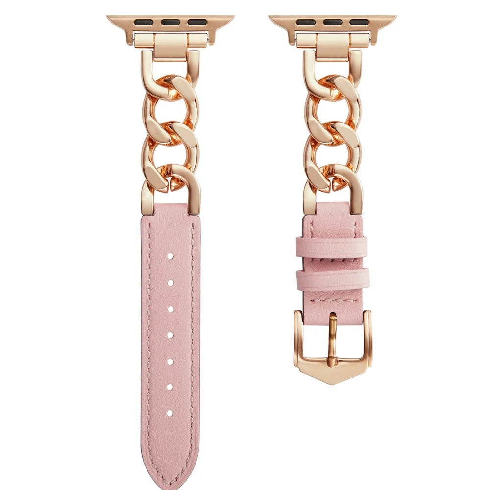 Watch Strap for Apple Watch Series 11 10 42mm / 9 8 7 41mm / SE3 SE2 SE 6 5 4 40mm / 3 2 1 38mm Zinc Alloy+Cowhide Wrist Band - Pink+Rose Gold - 2