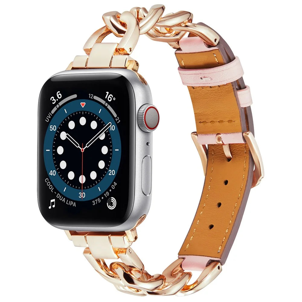 Watch Strap for Apple Watch Series 11 10 42mm / 9 8 7 41mm / SE3 SE2 SE 6 5 4 40mm / 3 2 1 38mm Zinc Alloy+Cowhide Wrist Band - Pink+Rose Gold - 3