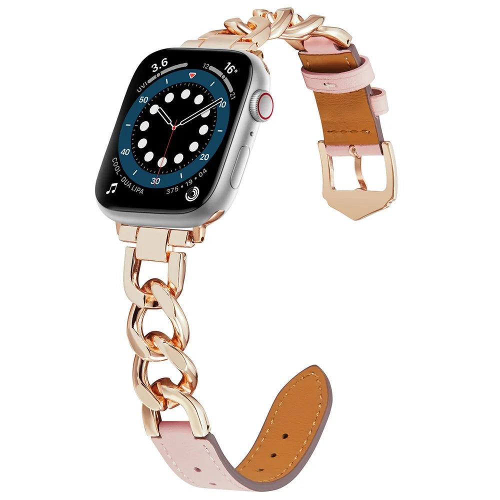Watch Strap for Apple Watch Series 11 10 42mm / 9 8 7 41mm / SE3 SE2 SE 6 5 4 40mm / 3 2 1 38mm Zinc Alloy+Cowhide Wrist Band - Pink+Rose Gold - 4