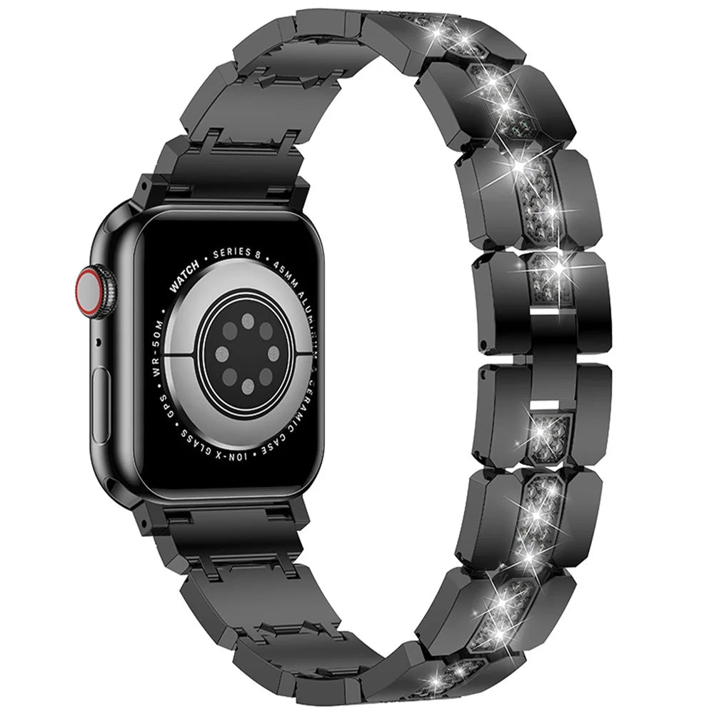 For Apple Watch Series 11 10 42mm / 9 8 7 41mm / SE3 SE2 SE 6 5 4 40mm / 3 2 1 38mm Stylish Rhinestones Decor Zinc Alloy Watch Band - Black - 1