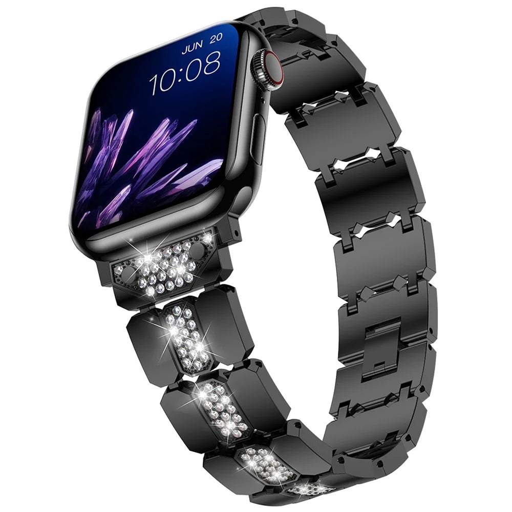 For Apple Watch Series 11 10 42mm / 9 8 7 41mm / SE3 SE2 SE 6 5 4 40mm / 3 2 1 38mm Stylish Rhinestones Decor Zinc Alloy Watch Band - Black - 2
