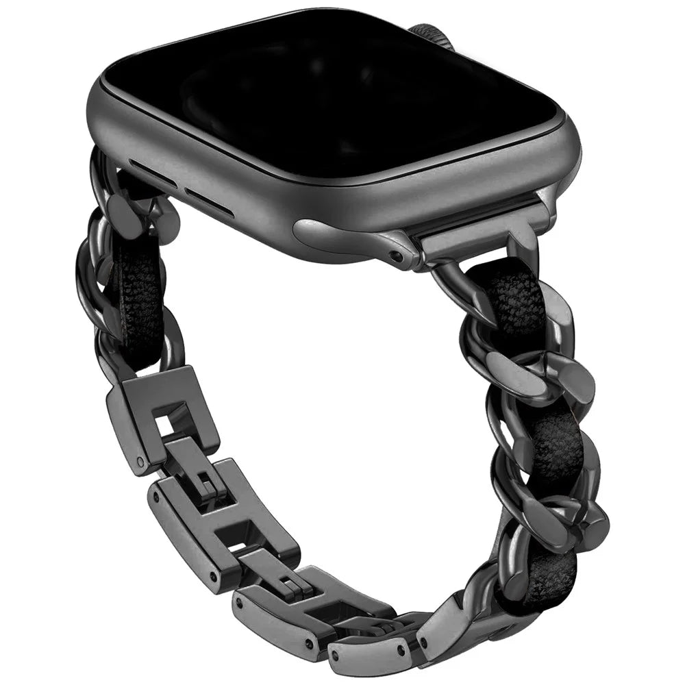 For Apple Watch Series 11 10 42mm / 9 8 7 41mm / SE3 SE2 SE 6 5 4 40mm / 3 2 1 38mm Watch Strap Zinc Alloy+Leather Wrist Band - Black+Black - 2
