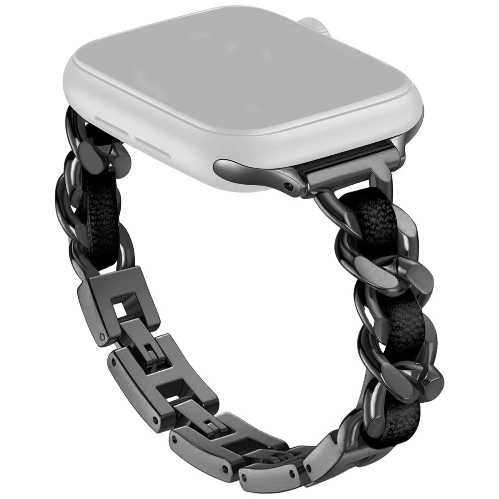 For Apple Watch Ultra 3 2 1 49mm / Series 11 10 46mm / 9 8 7 45mm / SE3 SE2 SE 6 5 4 44mm / 3 2 1 42mm Zinc Alloy+Leather Watch Strap - Black+Black - 1