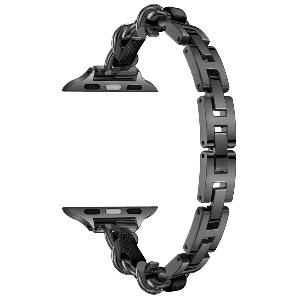 For Apple Watch Ultra 3 2 1 49mm / Series 11 10 46mm / 9 8 7 45mm / SE3 SE2 SE 6 5 4 44mm / 3 2 1 42mm Zinc Alloy+Leather Watch Strap - Black+Black - 3