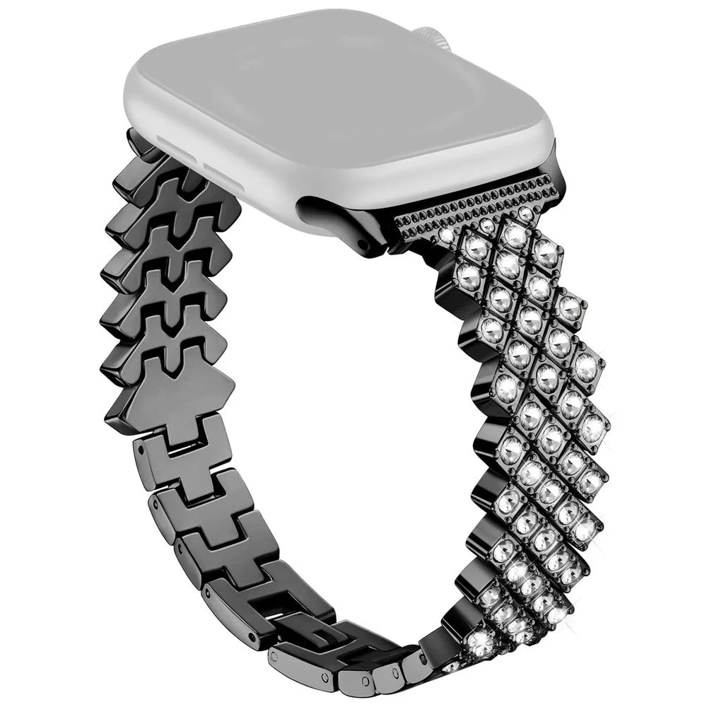 For Apple Watch Series 11 10 42mm / 9 8 7 41mm / SE3 SE2 SE 6 5 4 40mm / 3 2 1 38mm Watch Strap Rhinestone Decor Zinc Alloy Band - Black - 1