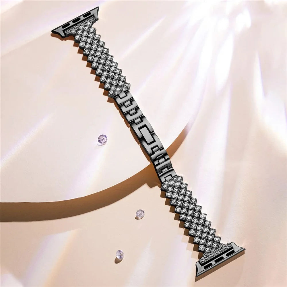 For Apple Watch Series 11 10 42mm / 9 8 7 41mm / SE3 SE2 SE 6 5 4 40mm / 3 2 1 38mm Watch Strap Rhinestone Decor Zinc Alloy Band - Black - 5