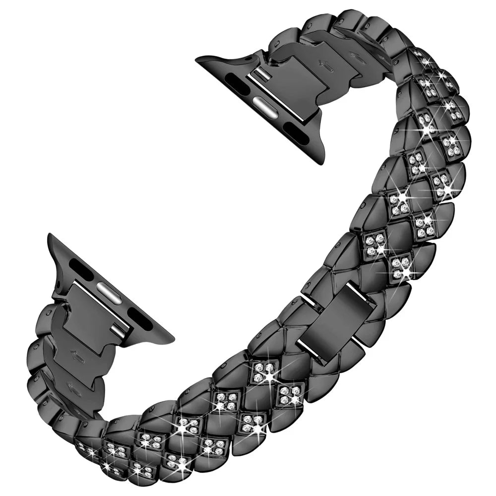 For Apple Watch Series 11 10 42mm / 9 8 7 41mm / SE3 SE2 SE 6 5 4 40mm / 3 2 1 38mm Replacement Strap Rhinestone Decor Zinc Alloy Watch Band - Black - 1