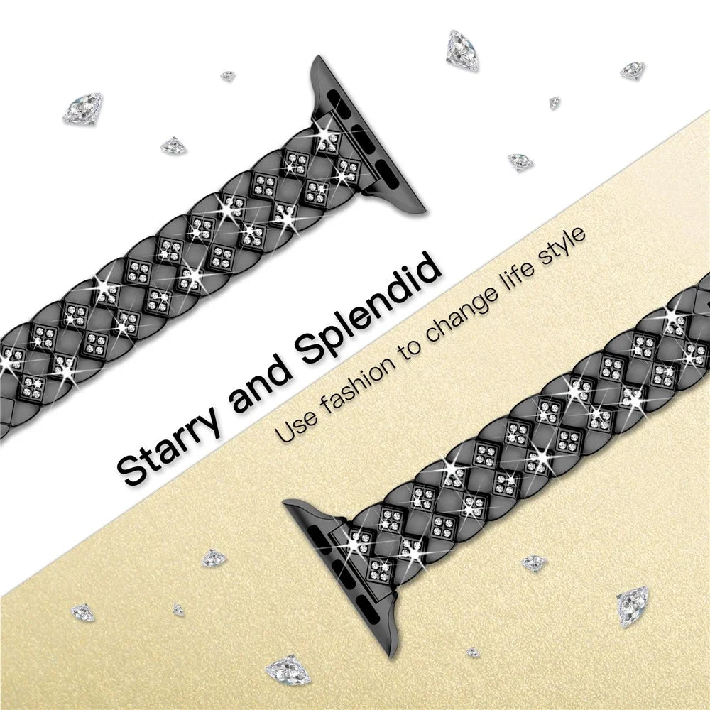 For Apple Watch Series 11 10 42mm / 9 8 7 41mm / SE3 SE2 SE 6 5 4 40mm / 3 2 1 38mm Replacement Strap Rhinestone Decor Zinc Alloy Watch Band - Black - 3