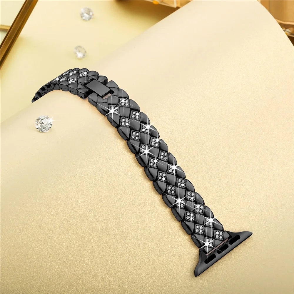 For Apple Watch Series 11 10 42mm / 9 8 7 41mm / SE3 SE2 SE 6 5 4 40mm / 3 2 1 38mm Replacement Strap Rhinestone Decor Zinc Alloy Watch Band - Black - 4