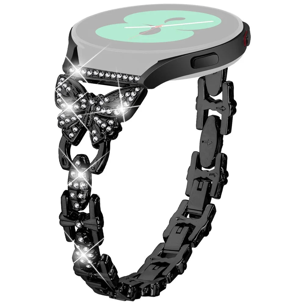 For Samsung Galaxy Watch FE 40mm Butterfly Bling Rhinestone Decor Watch Band Metal Bracelet - Black - 1
