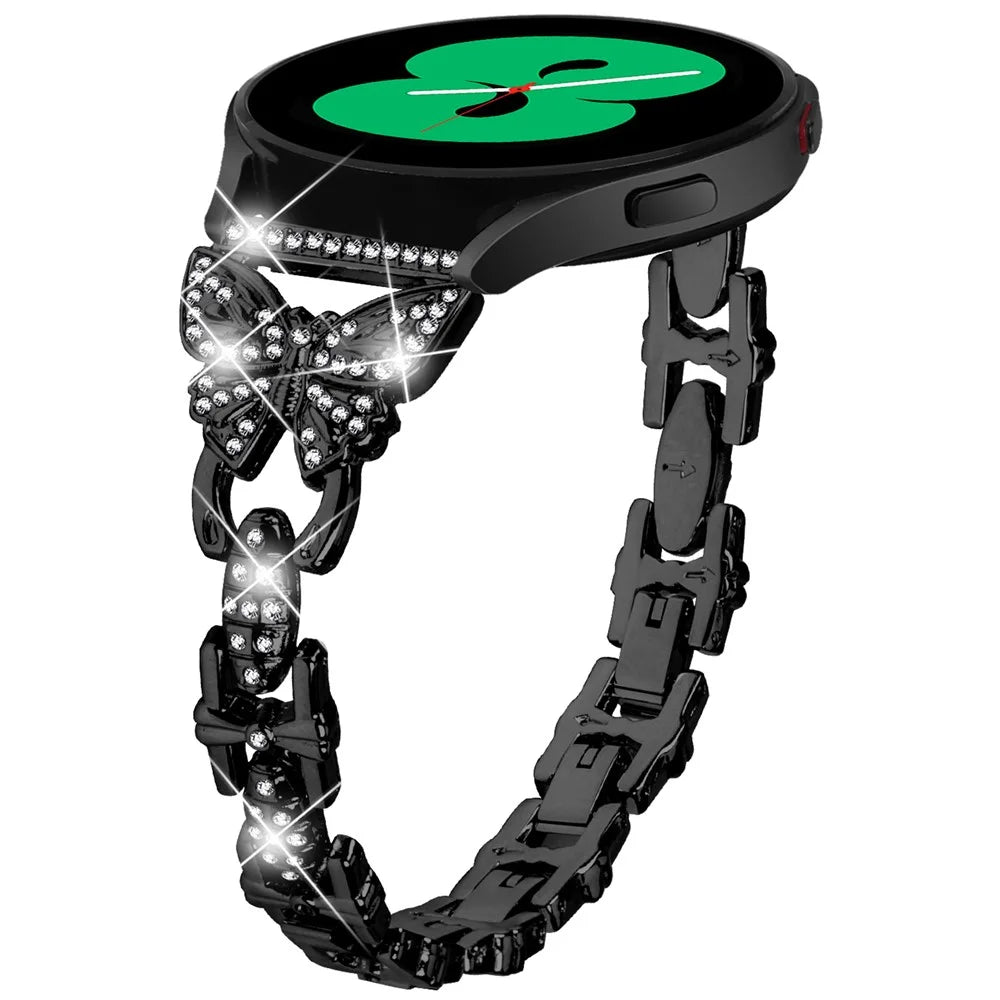 For Samsung Galaxy Watch FE 40mm Butterfly Bling Rhinestone Decor Watch Band Metal Bracelet - Black - 2