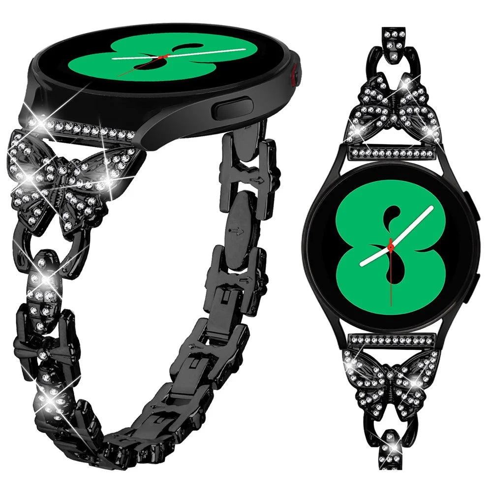 For Samsung Galaxy Watch FE 40mm Butterfly Bling Rhinestone Decor Watch Band Metal Bracelet - Black - 3