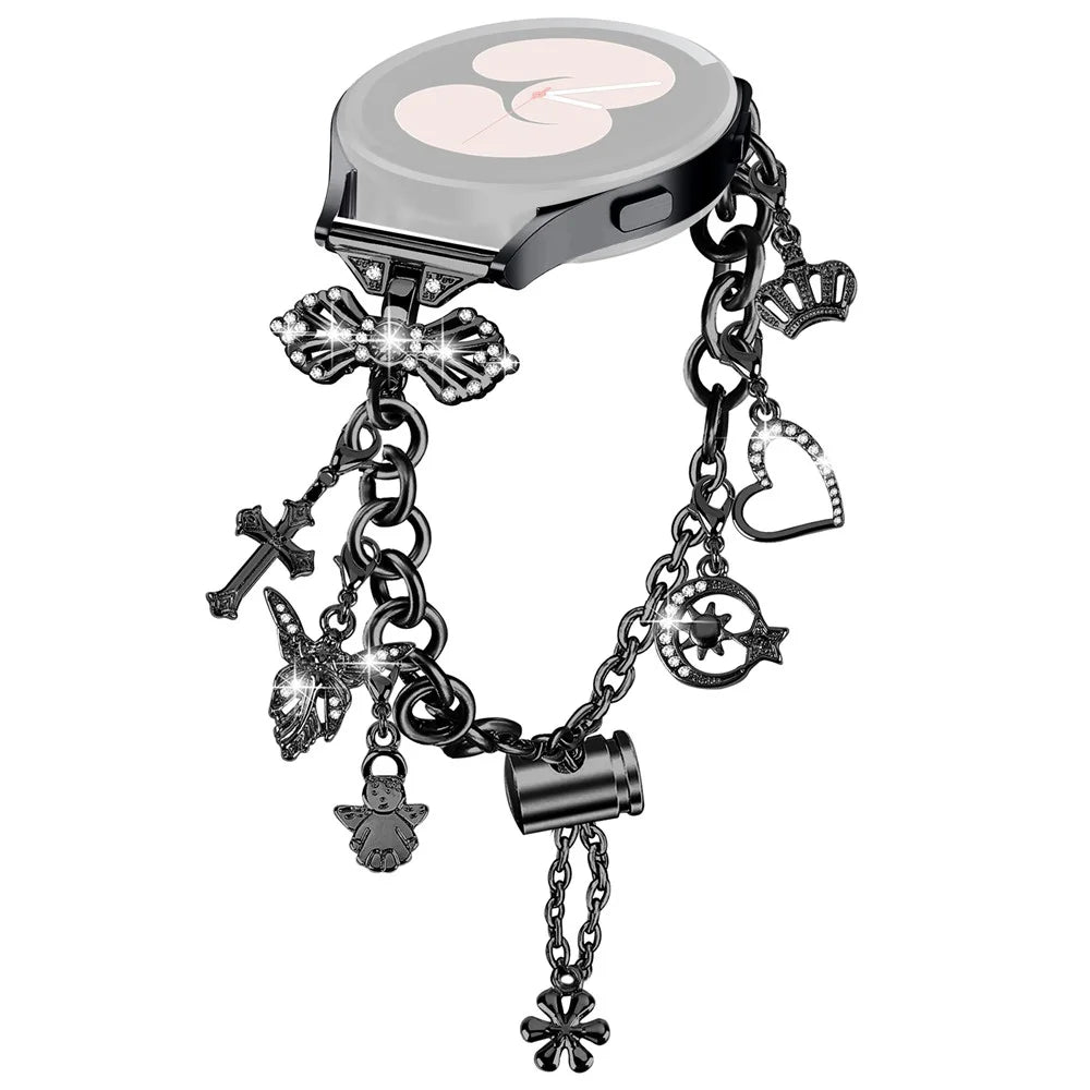 For Samsung Galaxy Watch FE 40mm Smartwatch Strap Metal Charm Wristband Bracelet - Black - 1