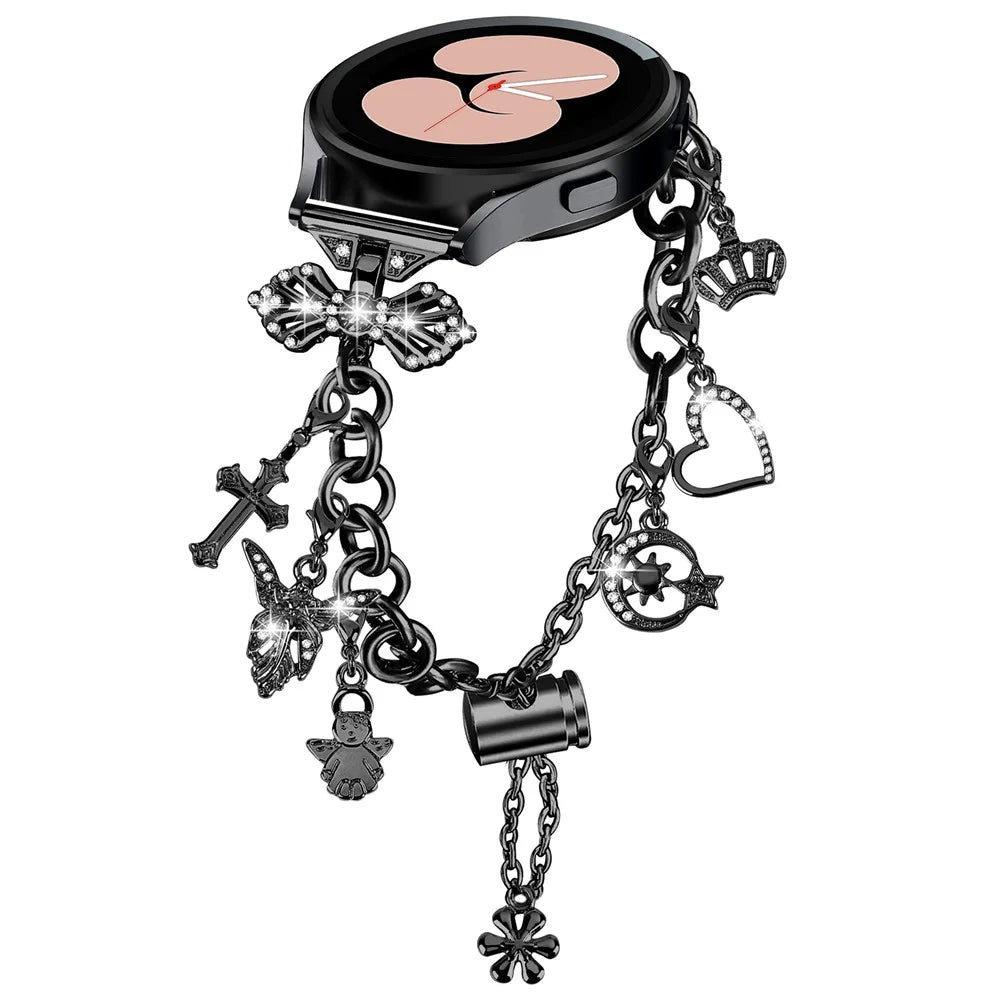 For Samsung Galaxy Watch FE 40mm Smartwatch Strap Metal Charm Wristband Bracelet - Black - 2
