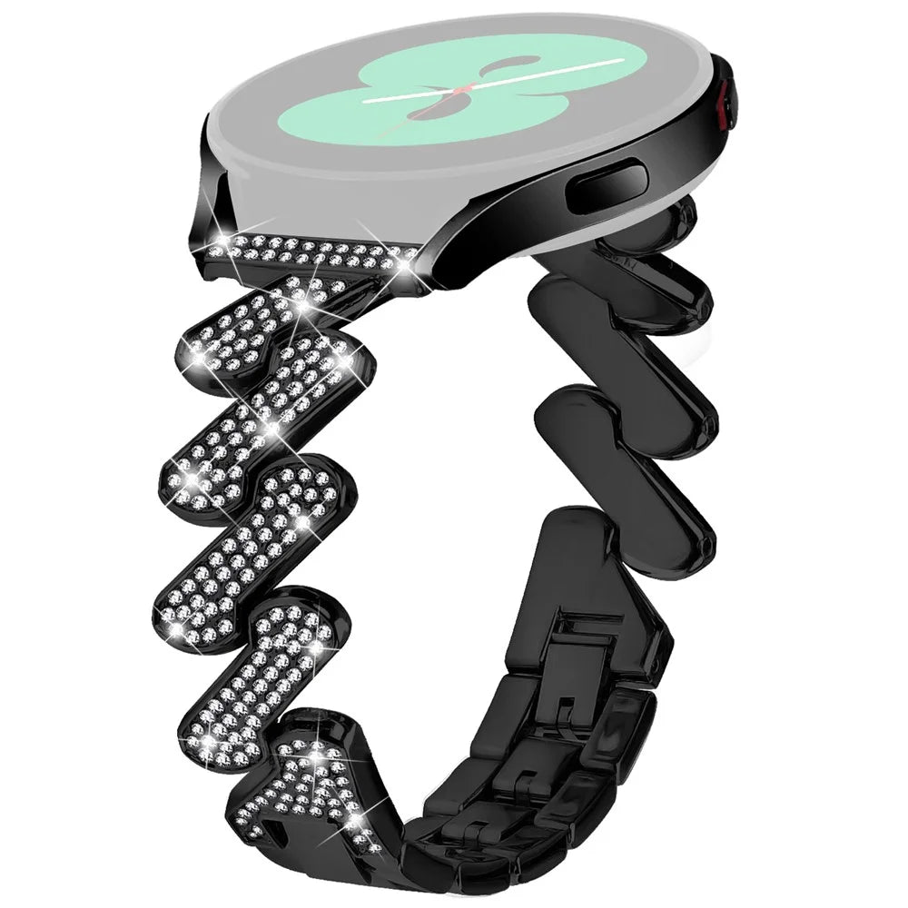 For Samsung Galaxy Watch FE 40mm Bling Rhinestone Decor Watch Band Hard Alloy Bracelet - Black - 1