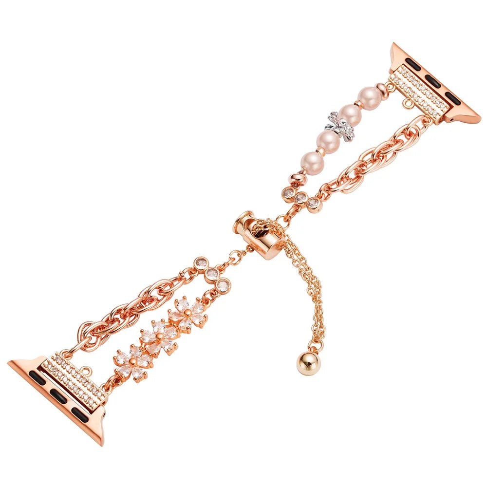 For Apple Watch Ultra 3 2 1 49mm / Series 11 10 46mm / 9 8 7 45mm / SE3 SE2 SE 6 5 4 44mm / 3 2 1 42mm Pearl Chain Stainless Steel Watch Strap - Rose Gold - 1