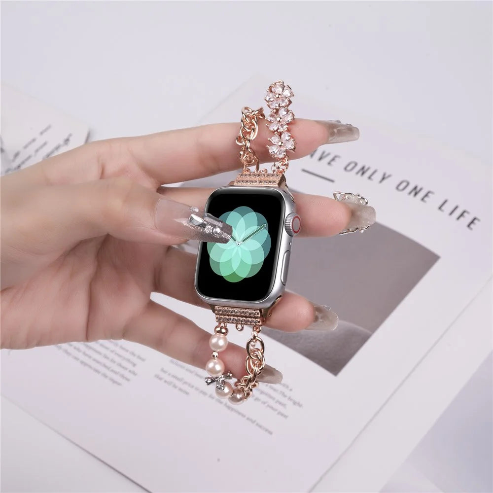 For Apple Watch Ultra 3 2 1 49mm / Series 11 10 46mm / 9 8 7 45mm / SE3 SE2 SE 6 5 4 44mm / 3 2 1 42mm Pearl Chain Stainless Steel Watch Strap - Rose Gold - 2