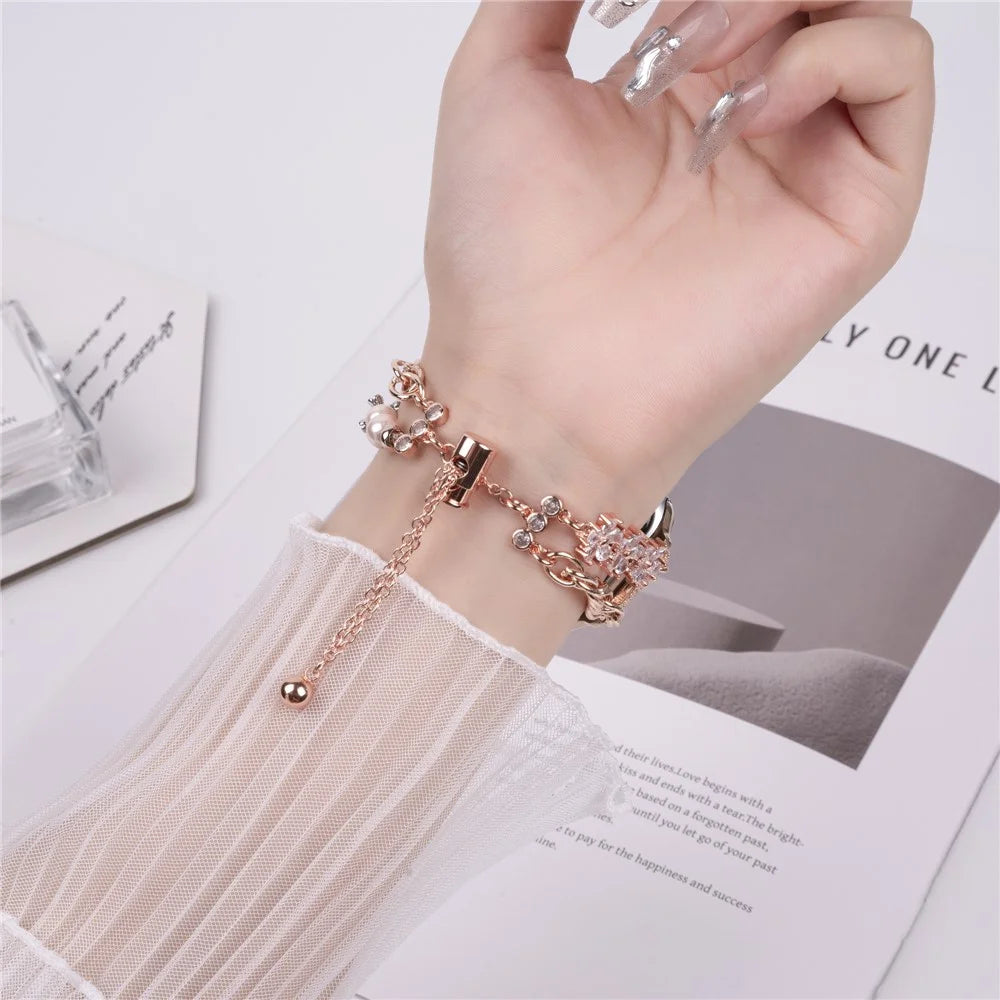 For Apple Watch Ultra 3 2 1 49mm / Series 11 10 46mm / 9 8 7 45mm / SE3 SE2 SE 6 5 4 44mm / 3 2 1 42mm Pearl Chain Stainless Steel Watch Strap - Rose Gold - 4