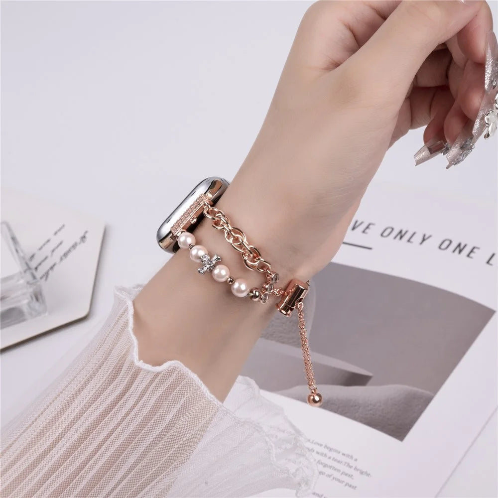 For Apple Watch Series 11 10 42mm / 9 8 7 41mm / SE3 SE2 SE 6 5 4 40mm / 3 2 1 38mm Pearl Flower Stainless Steel Bracelet Watch Strap - Rose Gold - 3