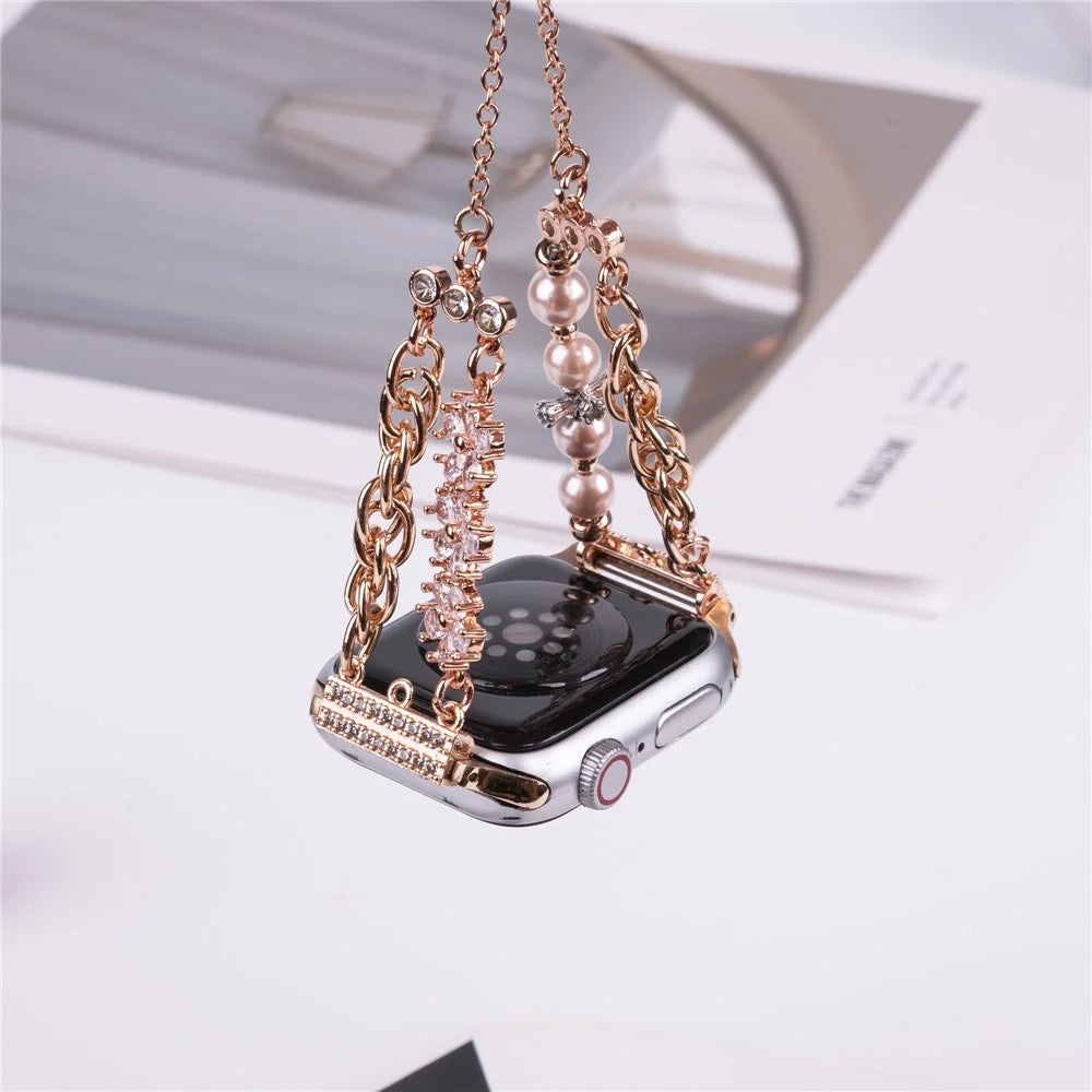 For Apple Watch Series 11 10 42mm / 9 8 7 41mm / SE3 SE2 SE 6 5 4 40mm / 3 2 1 38mm Pearl Flower Stainless Steel Bracelet Watch Strap - Rose Gold - 5