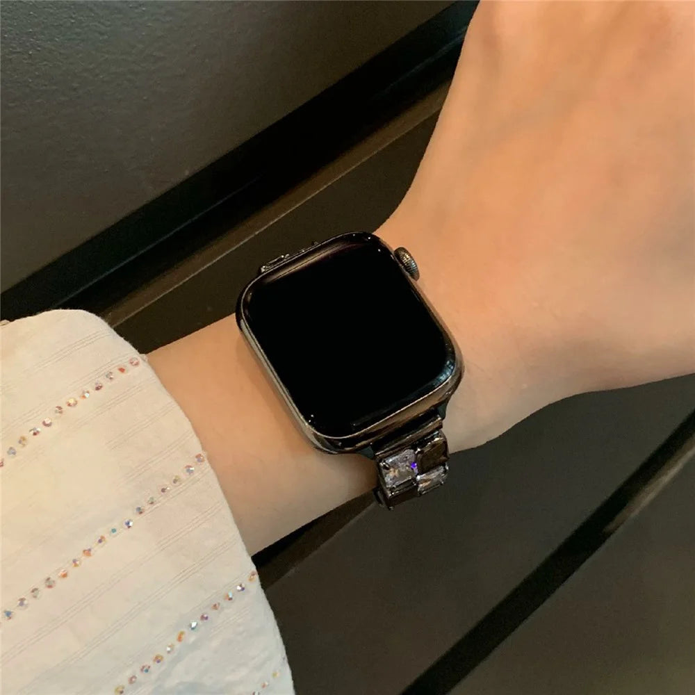 For Apple Watch Series 11 10 42mm / 9 8 7 41mm / SE3 SE2 SE 6 5 4 40mm / 3 2 1 38mm Ice Cube Zircon Decor Strap Copper Watch Band - Black - 2