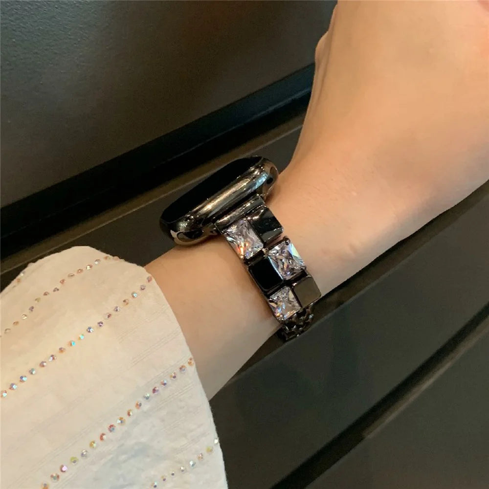 For Apple Watch Series 11 10 42mm / 9 8 7 41mm / SE3 SE2 SE 6 5 4 40mm / 3 2 1 38mm Ice Cube Zircon Decor Strap Copper Watch Band - Black - 3