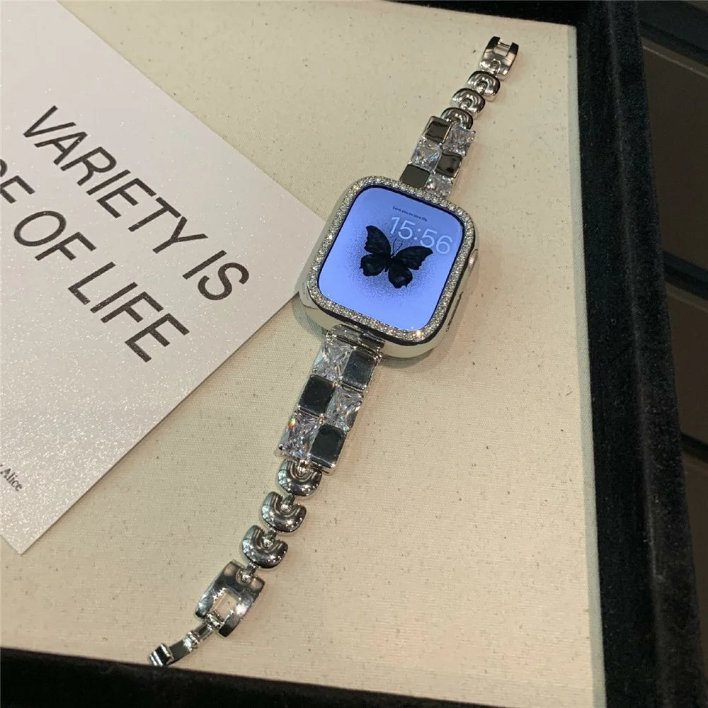 For Apple Watch Series 11 10 42mm / 9 8 7 41mm / SE3 SE2 SE 6 5 4 40mm / 3 2 1 38mm Ice Cube Zircon Decor Strap Copper Watch Band - Black - 4