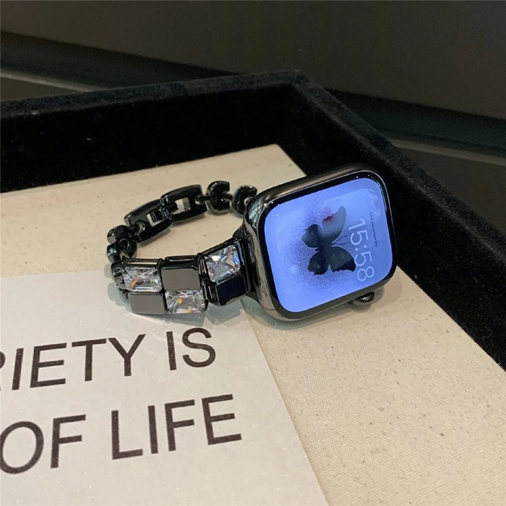 For Apple Watch Series 11 10 42mm / 9 8 7 41mm / SE3 SE2 SE 6 5 4 40mm / 3 2 1 38mm Ice Cube Zircon Decor Strap Copper Watch Band - Black - 5