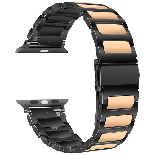 For Apple Watch Series 11 10 42mm / 9 8 7 41mm / SE3 SE2 SE 6 5 4 40mm / 3 2 1 38mm Sports Watch Strap Zinc Alloy Wrist Band - Black+Rose Gold - 1