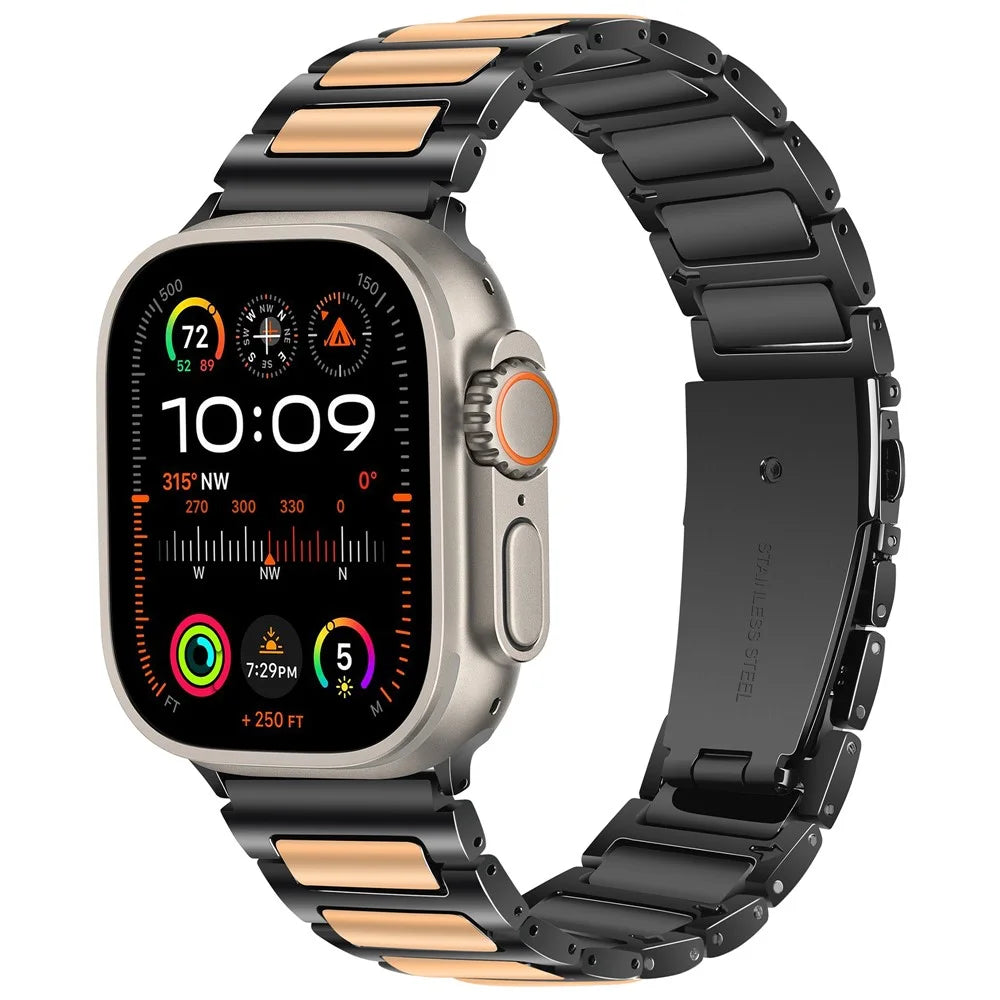For Apple Watch Series 11 10 42mm / 9 8 7 41mm / SE3 SE2 SE 6 5 4 40mm / 3 2 1 38mm Sports Watch Strap Zinc Alloy Wrist Band - Black+Rose Gold - 2