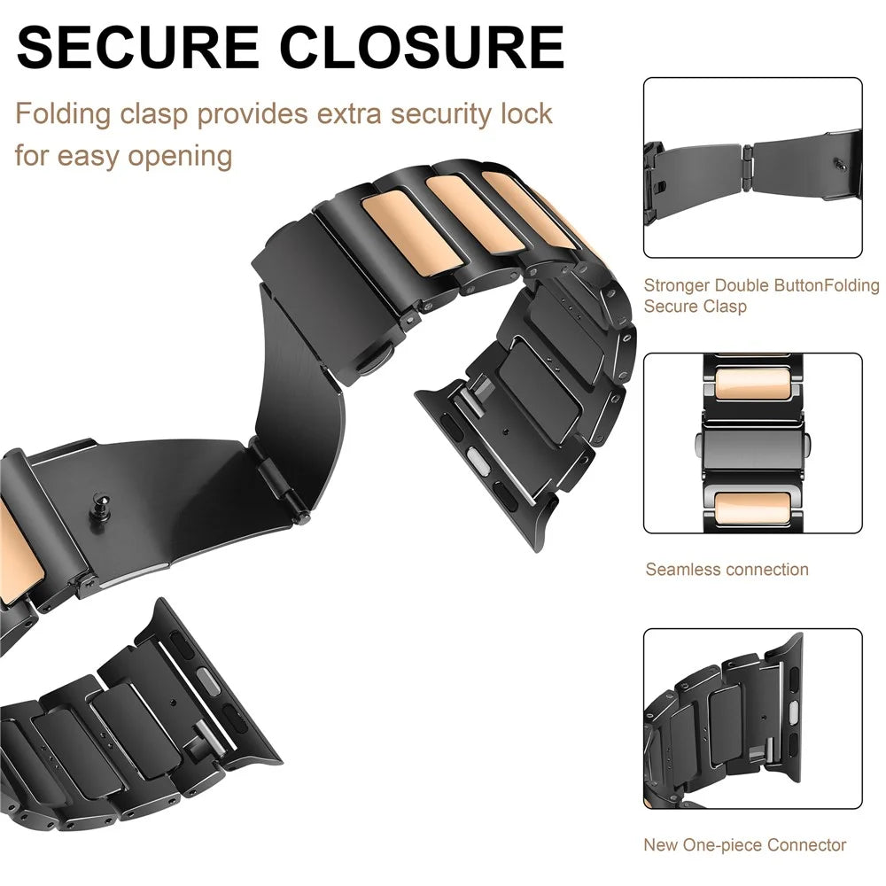 For Apple Watch Series 11 10 42mm / 9 8 7 41mm / SE3 SE2 SE 6 5 4 40mm / 3 2 1 38mm Sports Watch Strap Zinc Alloy Wrist Band - Black+Rose Gold - 5