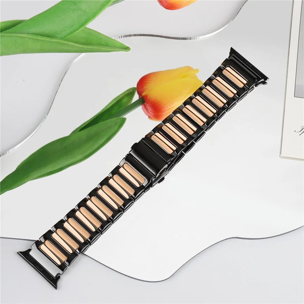 For Apple Watch Series 11 10 42mm / 9 8 7 41mm / SE3 SE2 SE 6 5 4 40mm / 3 2 1 38mm Sports Watch Strap Zinc Alloy Wrist Band - Black+Rose Gold - 6
