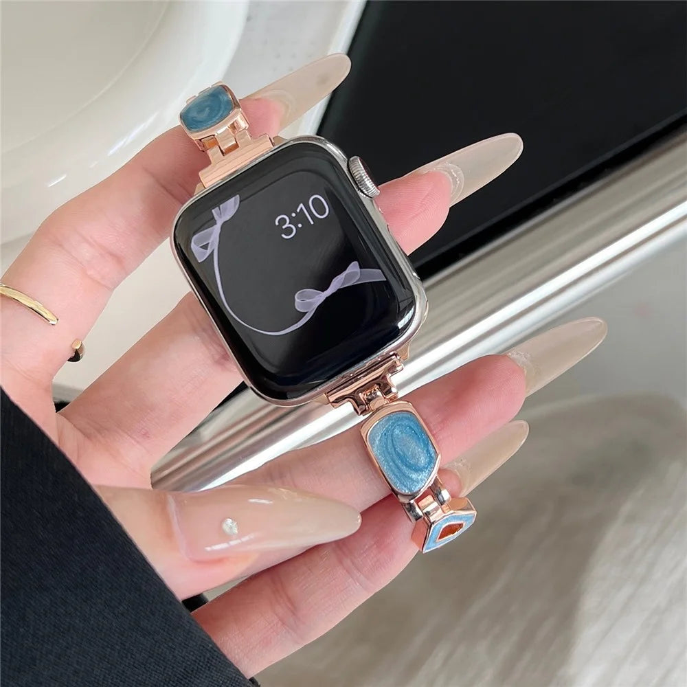 For Apple Watch Series 11 10 42mm / 9 8 7 41mm / SE3 SE2 SE 6 5 4 40mm / 3 2 1 38mm Epoxy Decor Zinc Alloy Band Watch Strap - Swirl Blue / Rose Gold - 2
