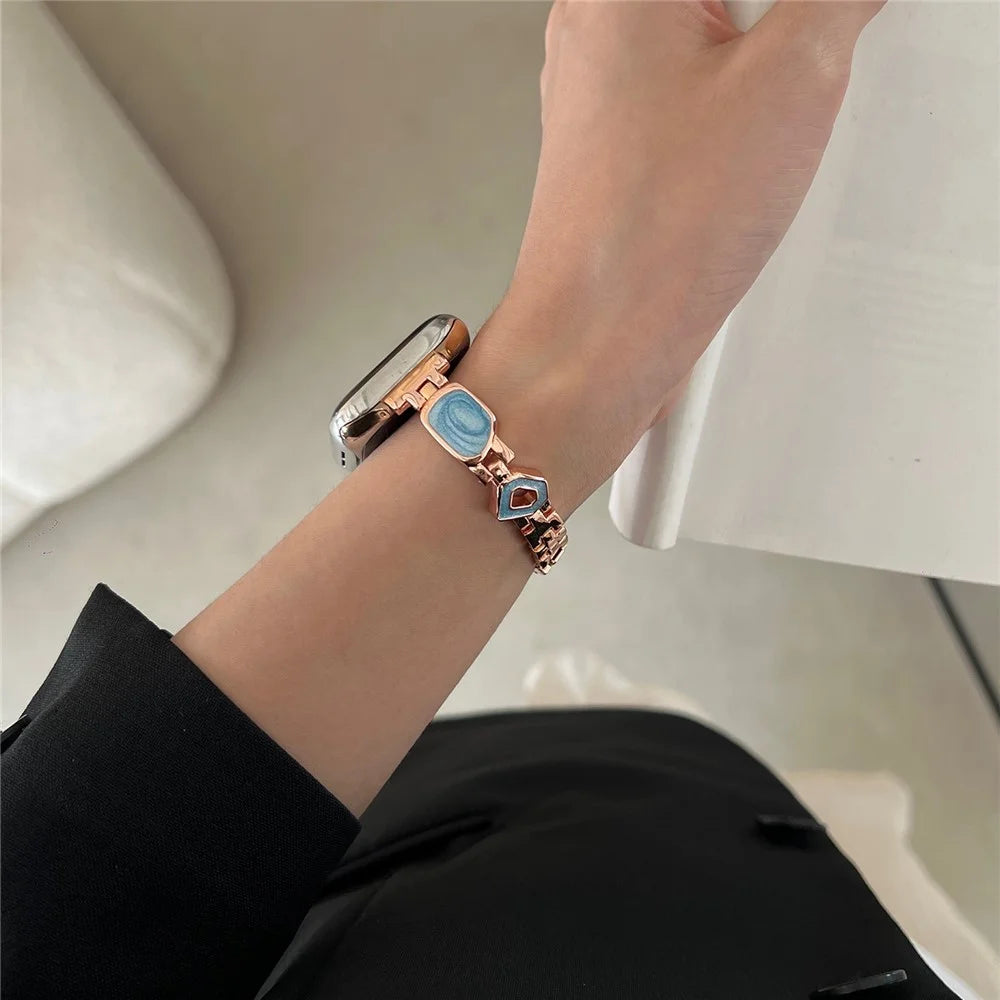 For Apple Watch Series 11 10 42mm / 9 8 7 41mm / SE3 SE2 SE 6 5 4 40mm / 3 2 1 38mm Epoxy Decor Zinc Alloy Band Watch Strap - Swirl Blue / Rose Gold - 3