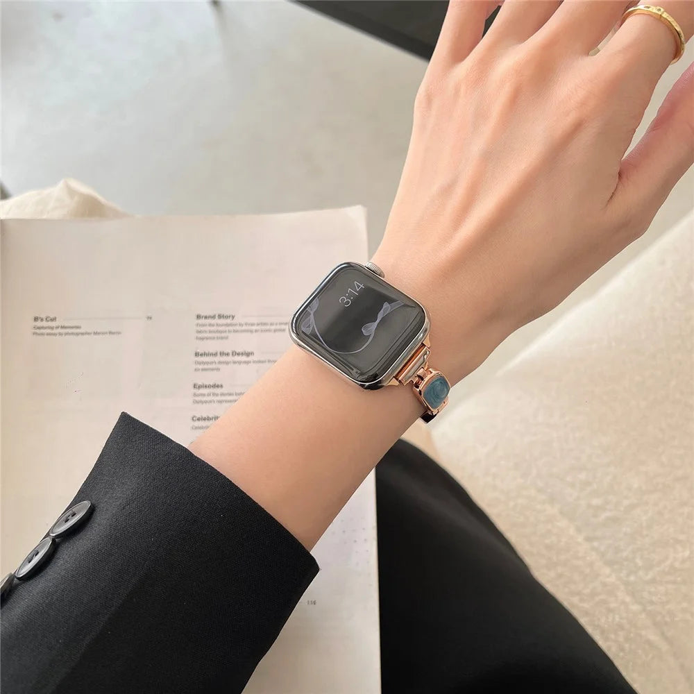 For Apple Watch Series 11 10 42mm / 9 8 7 41mm / SE3 SE2 SE 6 5 4 40mm / 3 2 1 38mm Epoxy Decor Zinc Alloy Band Watch Strap - Swirl Blue / Rose Gold - 4