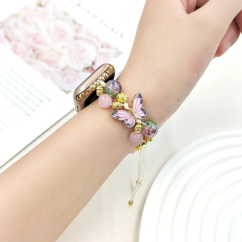 For Apple Watch Series 11 10 42mm / 9 8 7 41mm / SE3 SE2 SE 6 5 4 40mm / 3 2 1 38mm Butterfly Beads Watch Strap Drawstring Wrist Band - Colorful - 3