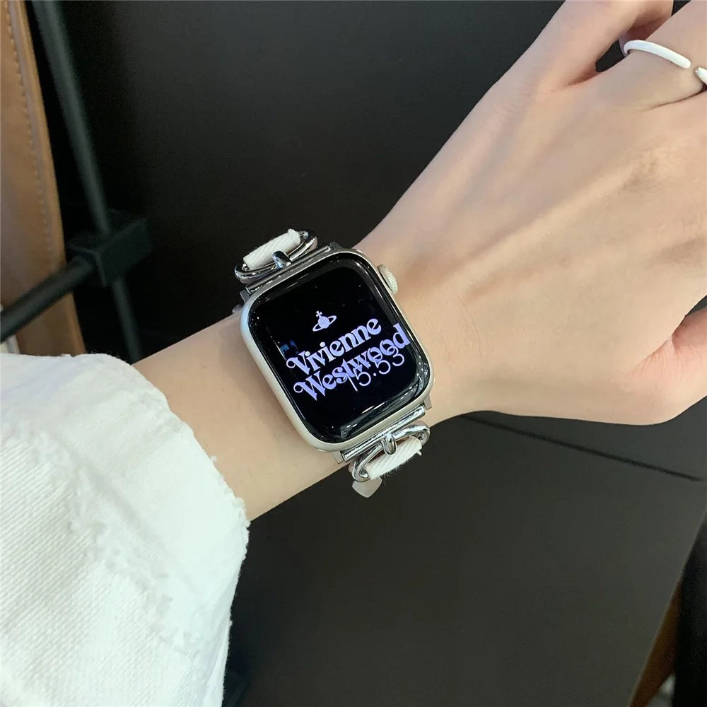 For Apple Watch Series 11 10 42mm / 9 8 7 41mm / SE3 SE2 SE 6 5 4 40mm / 3 2 1 38mm Denim Cloth Band Heart Pendant Strap - White - 2