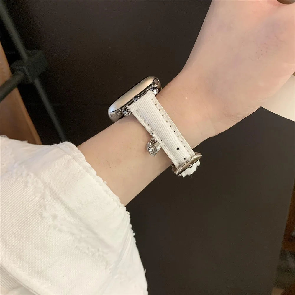 For Apple Watch Series 11 10 42mm / 9 8 7 41mm / SE3 SE2 SE 6 5 4 40mm / 3 2 1 38mm Denim Cloth Band Heart Pendant Strap - White - 4