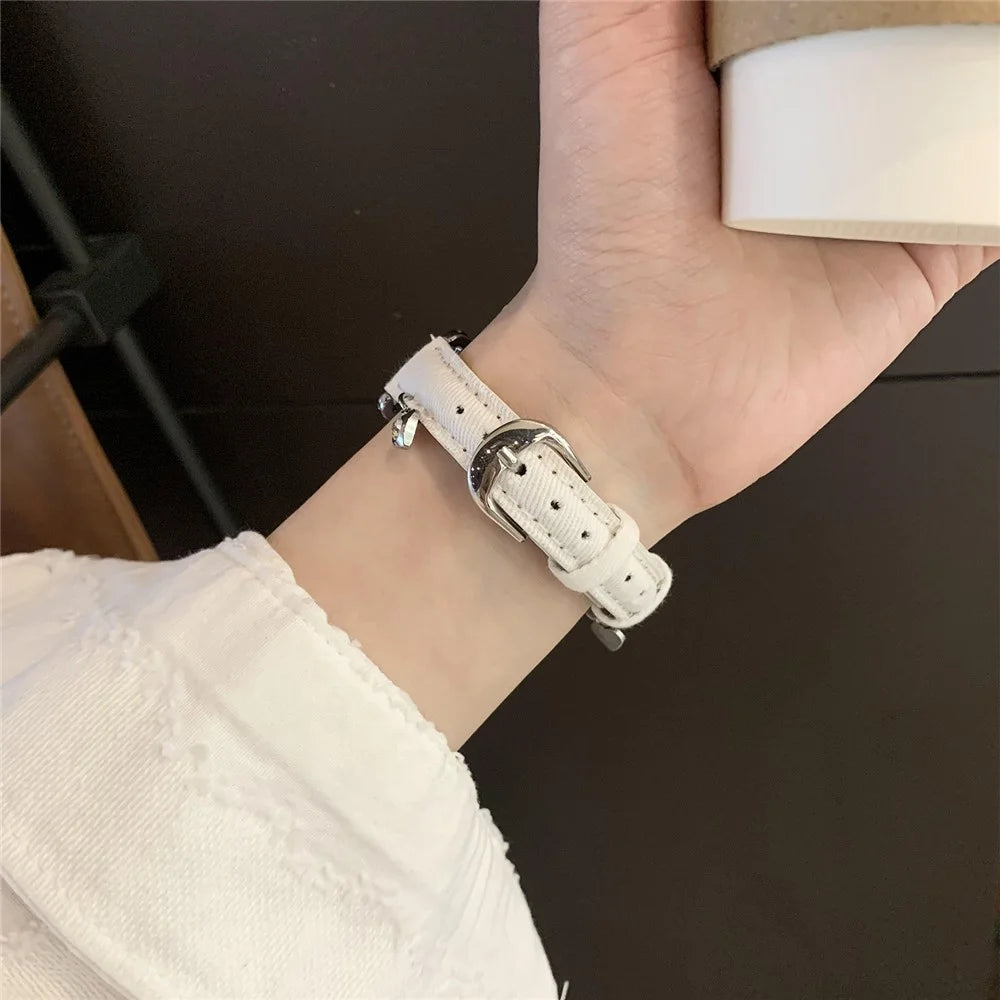 For Apple Watch Series 11 10 42mm / 9 8 7 41mm / SE3 SE2 SE 6 5 4 40mm / 3 2 1 38mm Denim Cloth Band Heart Pendant Strap - White - 5